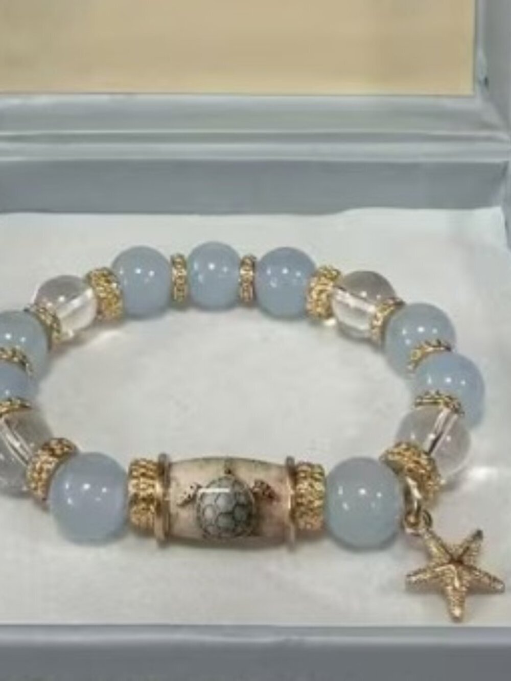 Crystal Bead Bracelet with Ceramic Sea Turtle Pendant & Gold-tone Starfish